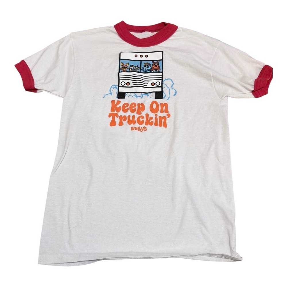 Retro Wally's Ringer T-Shirt kids Large White Red Keep On Truckin Graphic